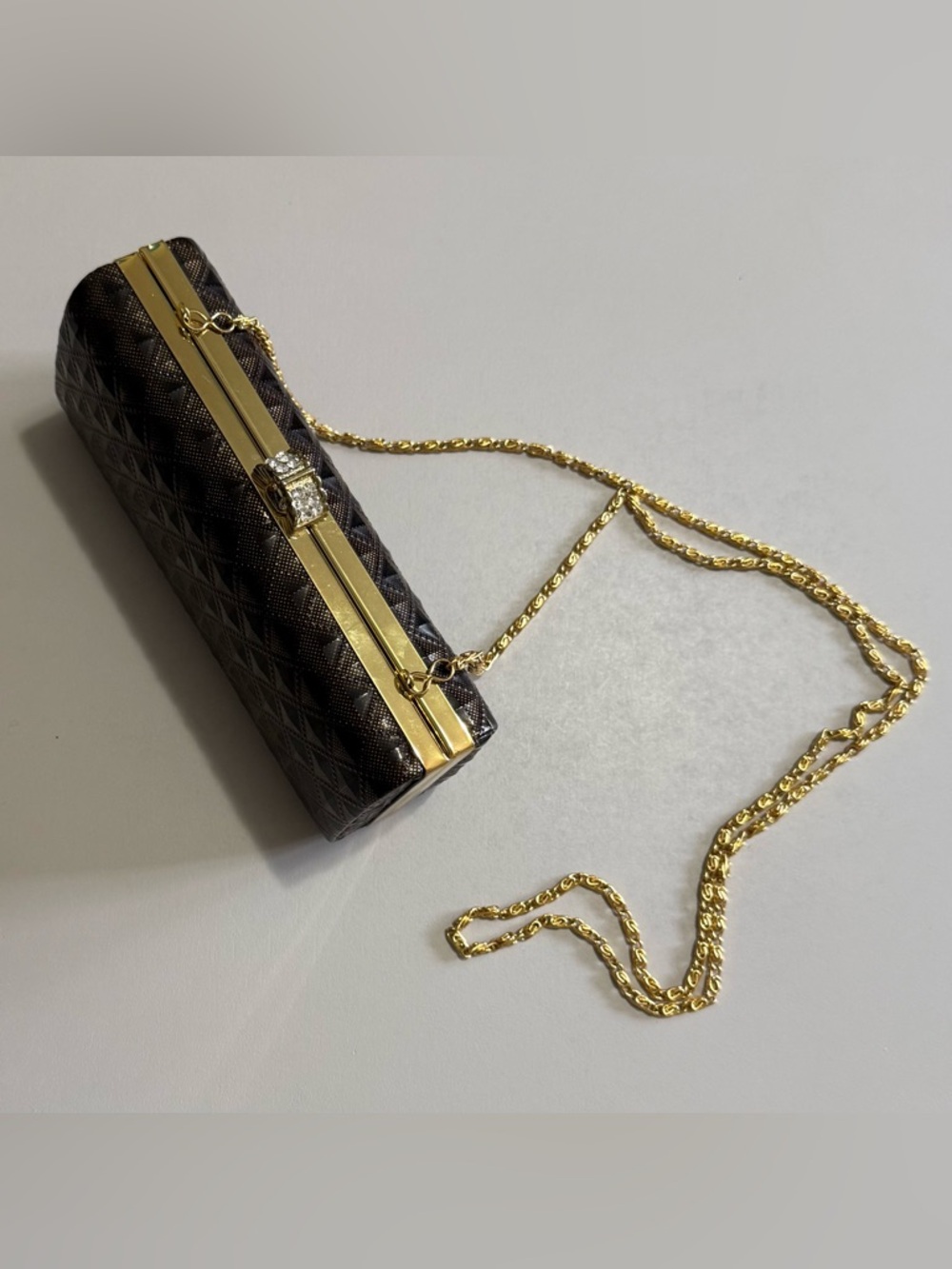 Elegant Brown Textured Evening Clutch with Gold Chain - Picture 3 of 9